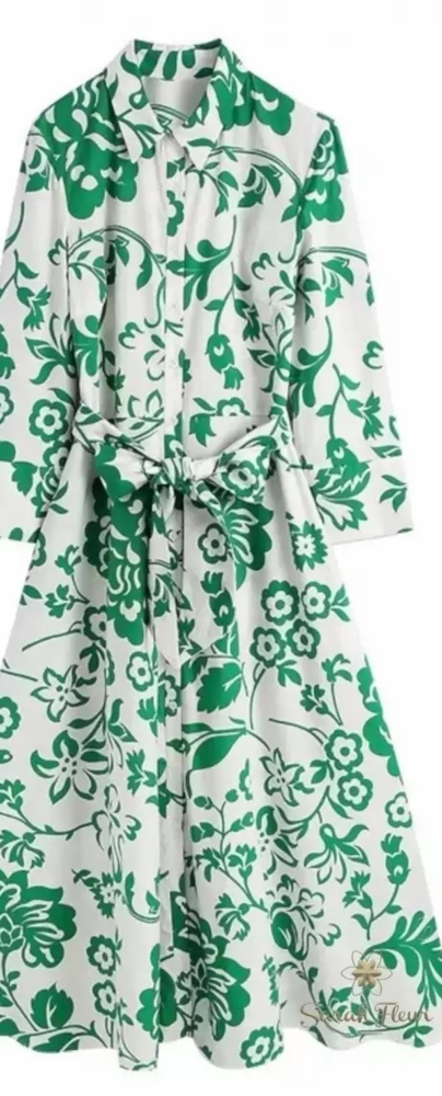Zara White and Green Floral Shirt Dress